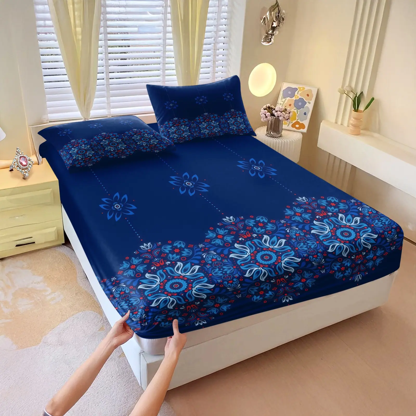 3-Piece Set Of Ethnic Patterned Bed Sheets With Comfortable Printed Patterns, Including 1 Bed Sheet And 2 Pillowcases, Comfortable Bedding, Anti Slip Dust Cover Suitable For Bedrooms, Suitable As a Gift