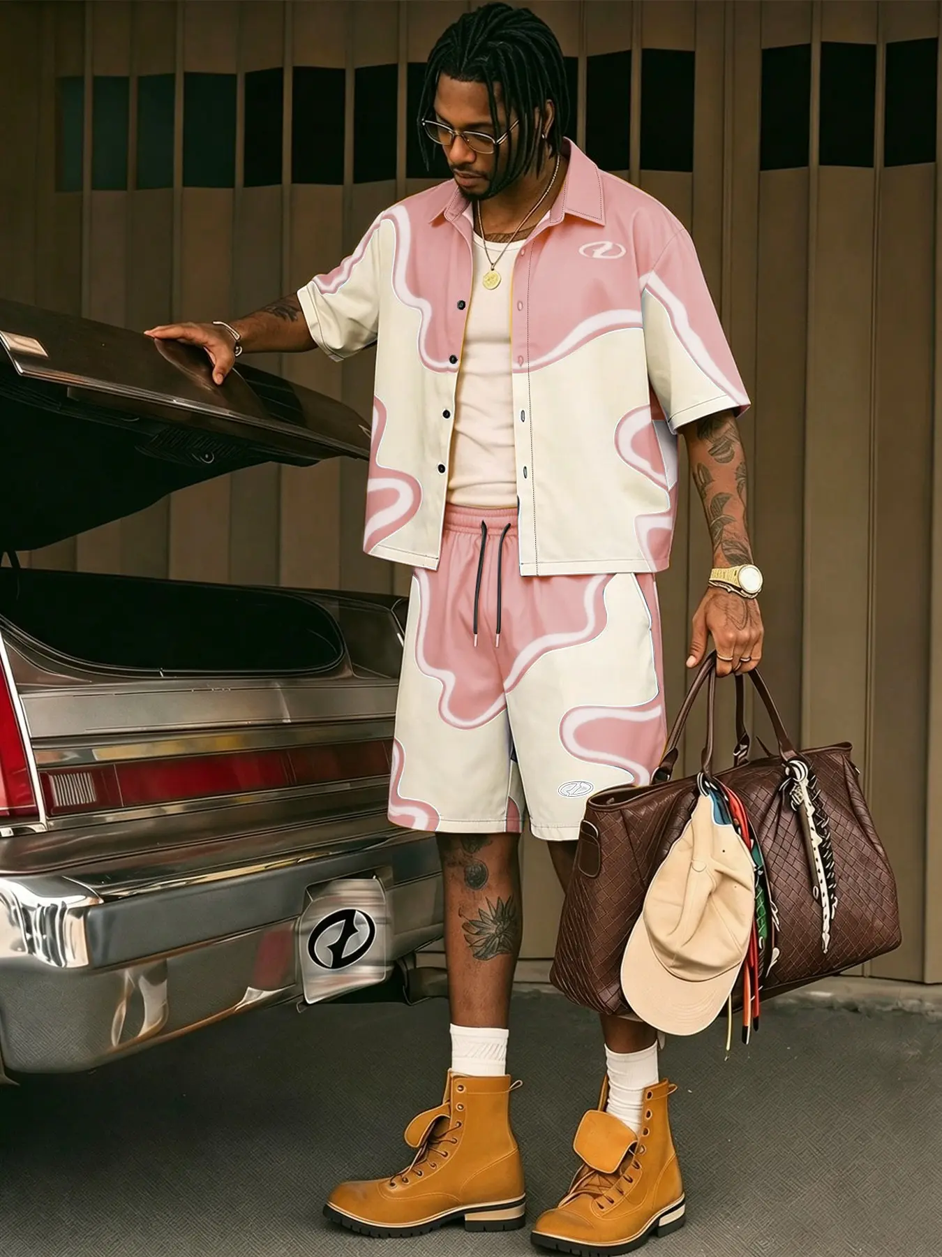 This set includes a short-sleeved shirt and drawstring shorts in soft tones; it embodies Aesthetic American streetwear style while exuding a light, summery vibe, making it suitable for year-round wear Outfit