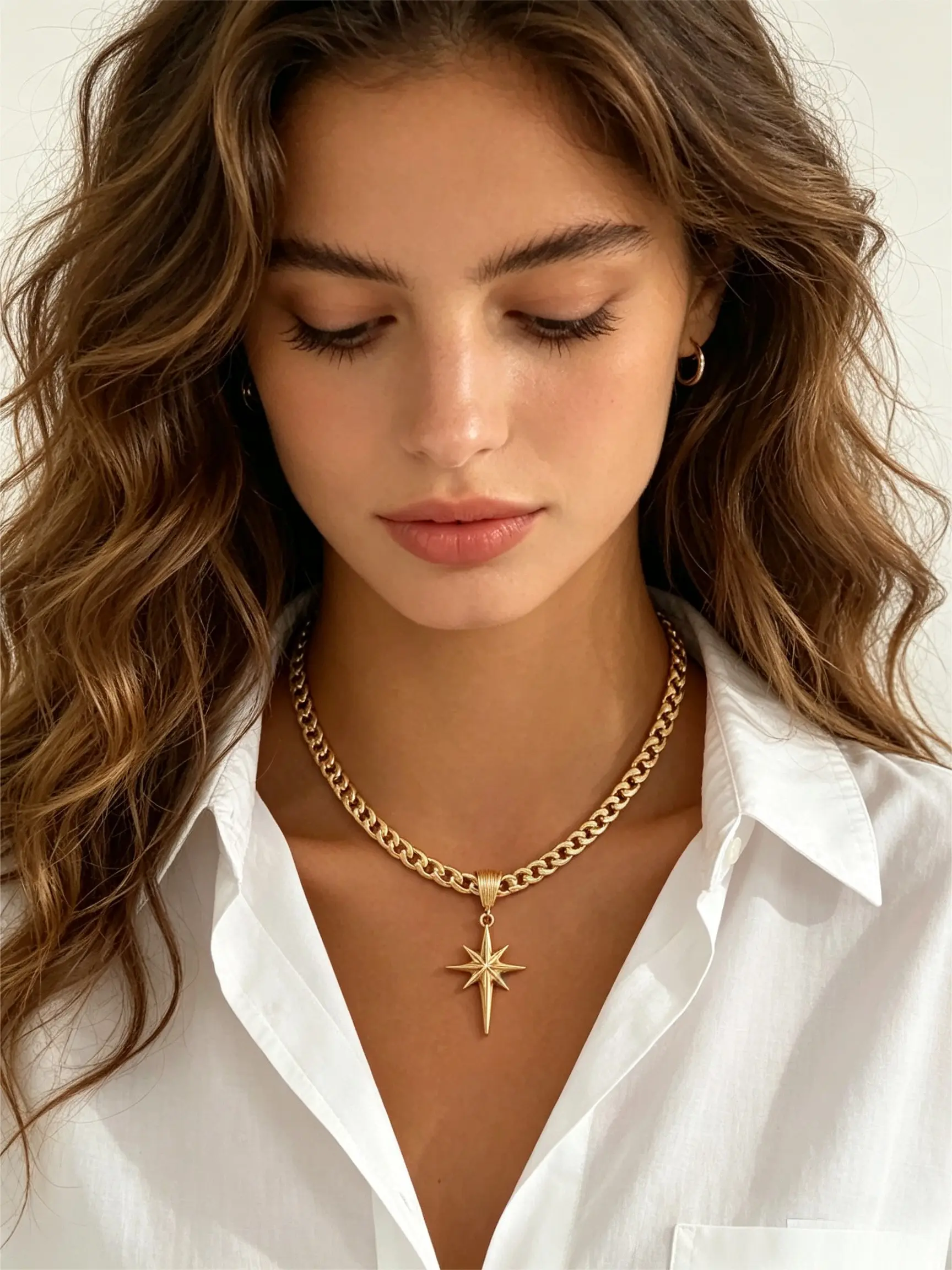 1pcs Starburst Cuban Chain, Women's Hip Hop Thick Chain, Unique Minimalist Octagram Pendant Necklace, Casual All-Season Jewelry