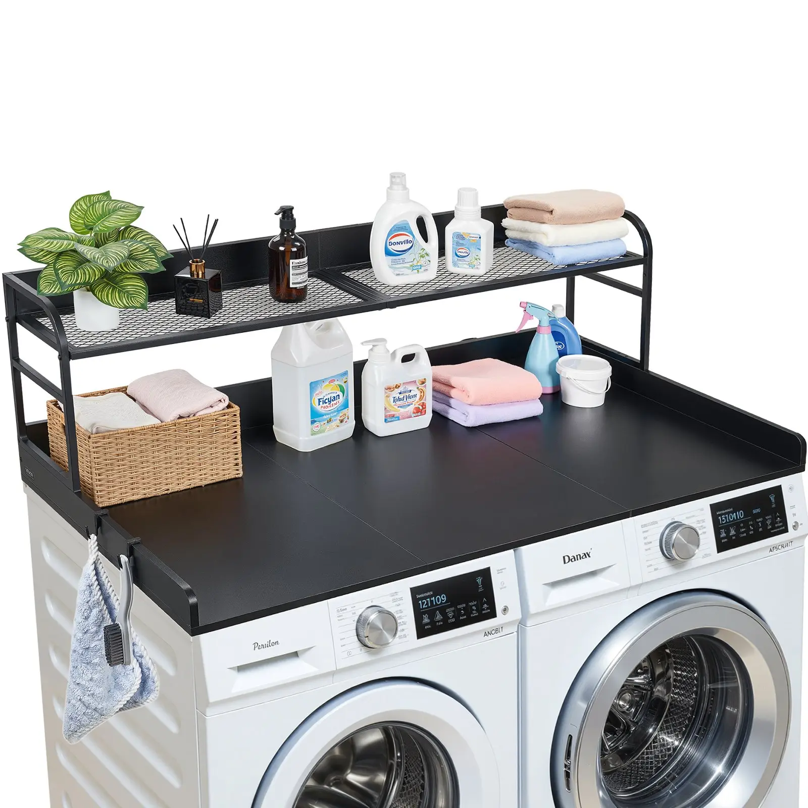 Washer Dryer Countertop with Shelf, 54x 27.5 in Wooden Washer and Dryer Topper with Edge and 2 Hooks, Laundry Machine Topper for Laundry Closet Pantry Counter Organization and Storage, Black