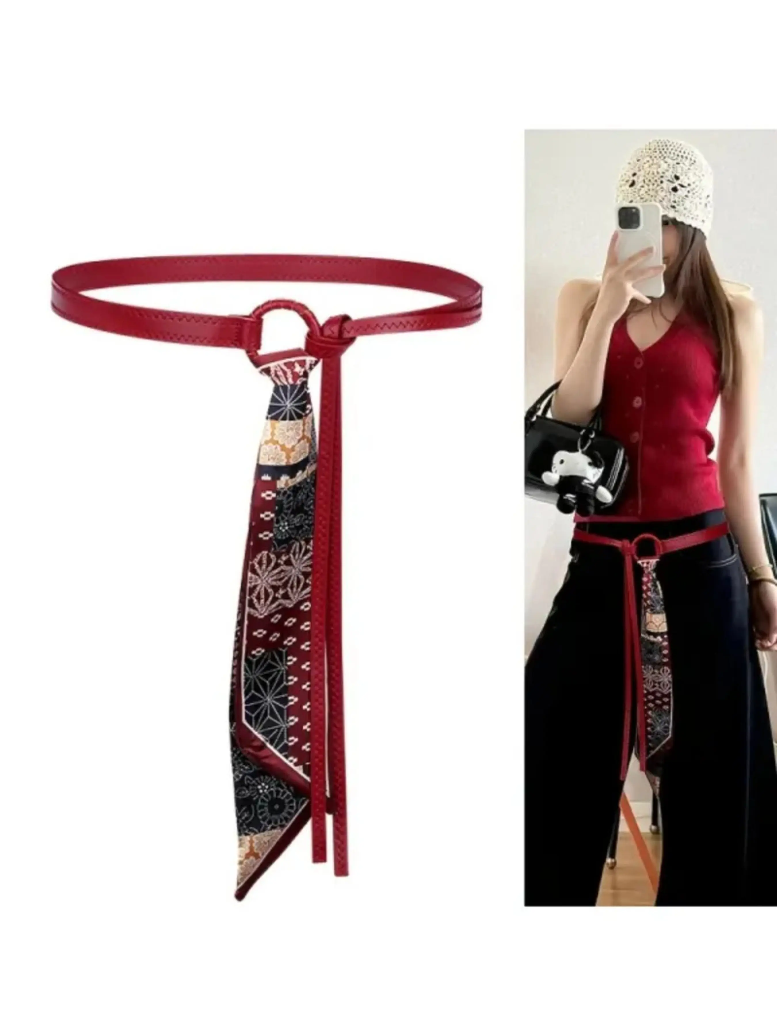 Red Skinny Waist Belt with Floral Print Scarf Tie for Women, Detachable Pattern Scarf Decor Knotted D-Ring Slim Waistband, Fashion Styling Thin Belt for Dresses Jeans Wide Leg Pants, Y2K Streetwear Outfit Accessory, Trendy Daily Matching Waist Decor Gift