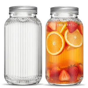 Kemorela 64oz Glass Mason Jar Pitcher with Pour Spout Lid, 2-Pack, Leak-Proof, Fridge Safe, for Cold Brew, Sun Tea, Fruit Drinks