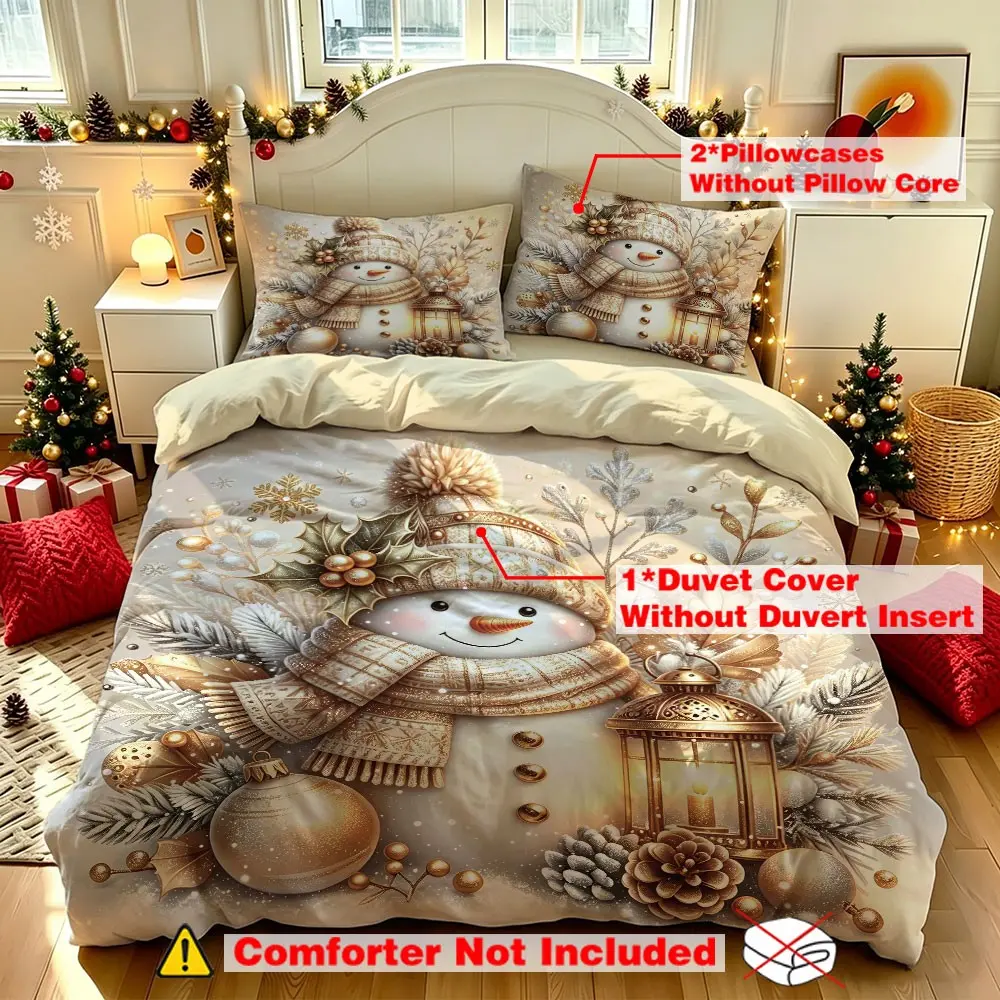 3Pcs Knit‑Hat Scarf Exquisite Snowman Xmas Duvet Cover Set,1 Cover+2 Pillowcases,Soft No‑fill Bedding Set For Dorm Bedroom Holiday Gift