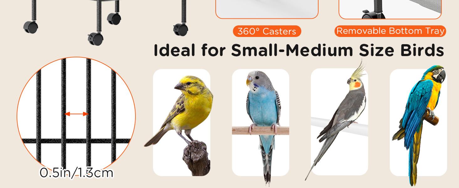 60 Inch Wrought Iron Large Bird Cage with Rolling Stand, Metal Parrot Cage with Play Top & 4 Stainless Steel Bowls for African Grey Cockatiel Sun Parakeet Green Cheek Conure Lovebird Budgie, Black