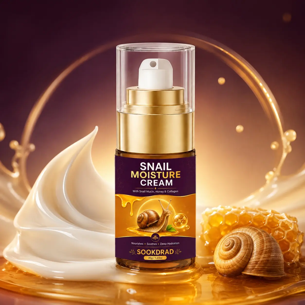 snail moisture cream, snail mucin, honey, collagen, deep hydration, nourishing, soothing, for face, all skin types, 1.23oz, 35g