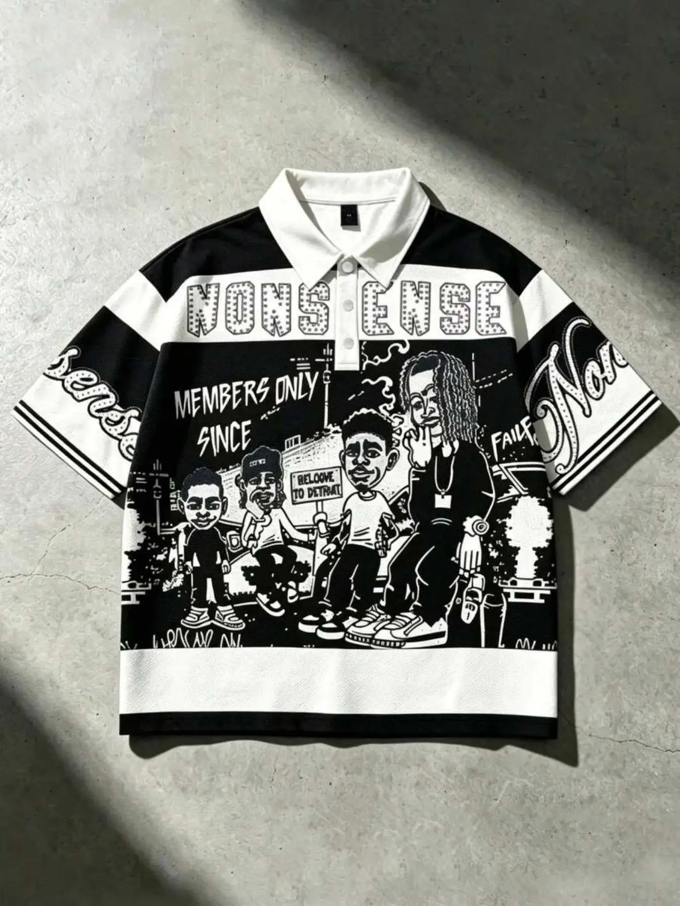 Music Festival Rap Black and White Wide Striped Polo Shirt Men's Short Sleeve Letter Print Cartoon Character T-Shirt MEMBERS ONLY Slogan Loose Fit, Baggy Summer Clothing Unisex Retro Hip-Hop Style Casual Short Sleeve Top Streetwear