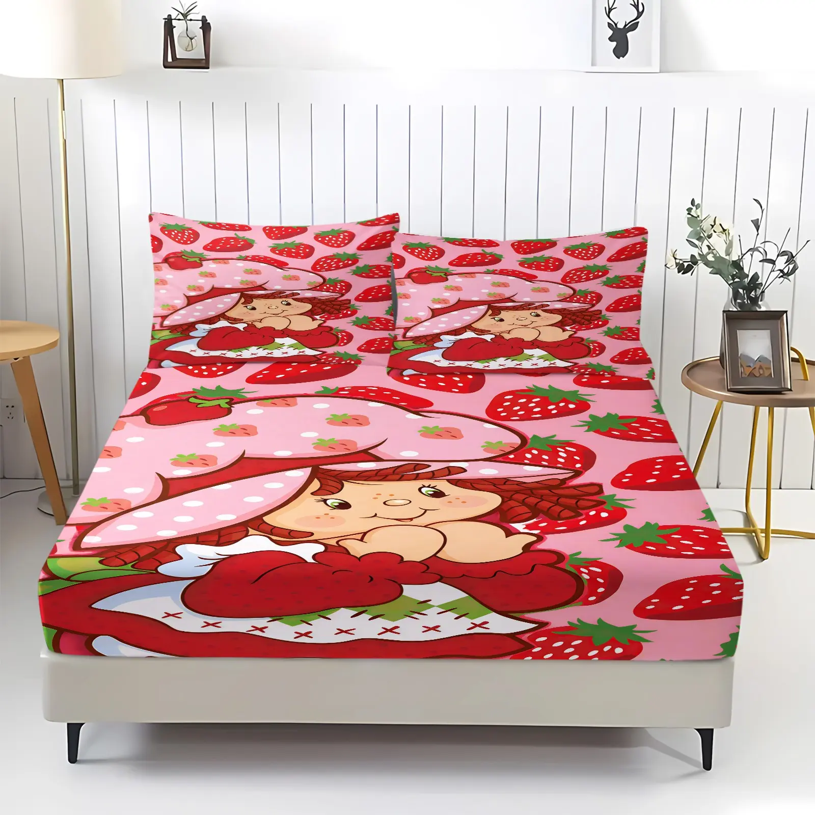 Cute Cartoon Strawberry Girl Fitted Sheet Set, Sweet Pink Strawberry Digital Print Bed sheet set, 360° Elastic Deep Pocket Mattress Cover, Soft Breathable Bedding Decor, Includes 2 Pillowcases - without Core