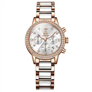 HorologiRose Gold Ceramic Band Women Chronograph Watch, Crystal Bezel Multi-Function Calendar Quartz Wristwatch, Elegant Ladies Dress Watch