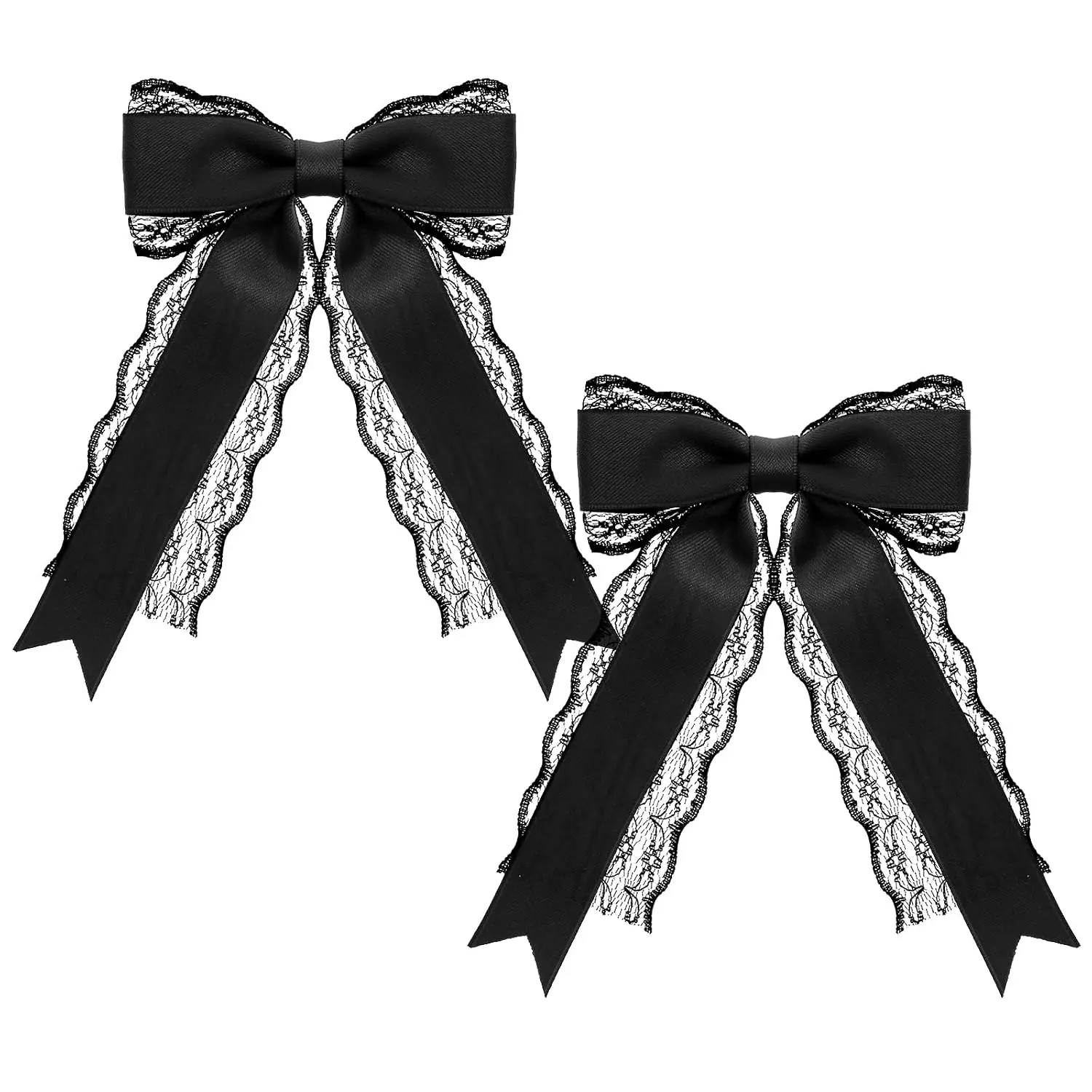 2 count Black Lace Hair Bow Clips for Women, Cute Lace Hair Bows Clips with Long Tail Ribbon for Wedding Halloween Gothic Dress Decor Accessories