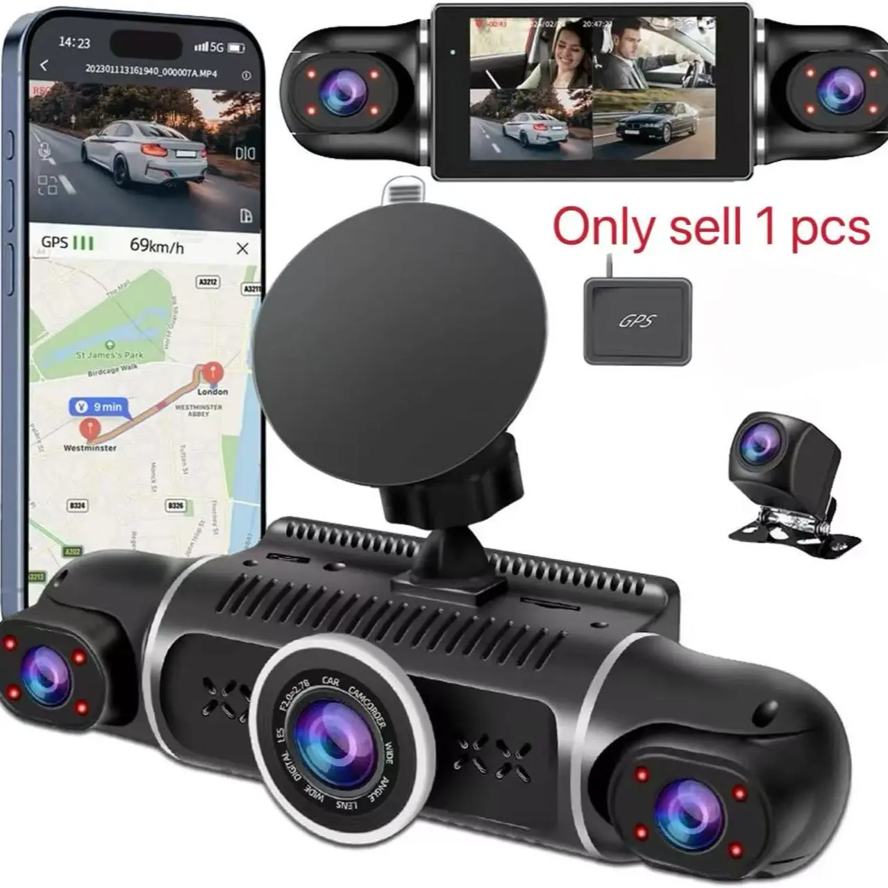 Four-Channel Dash Cam, Rotatable Camera, 360° Panoramic Recording, Four Cameras Display, GPS, WiFi, 64GB SD Card, Loop Recording, Panoramic Car Recorder, Car Mounted Dashcam