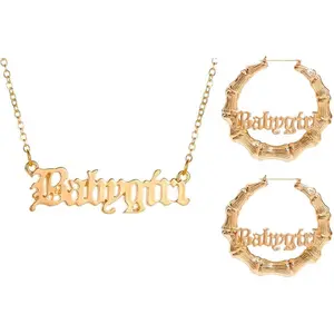 Large Old English Letter Earrings Necklace for Women Hip Hop Gold Silver Plated Bamboo Hoop Earrings 80s 90s Costume Accessory Party Jewelry Set