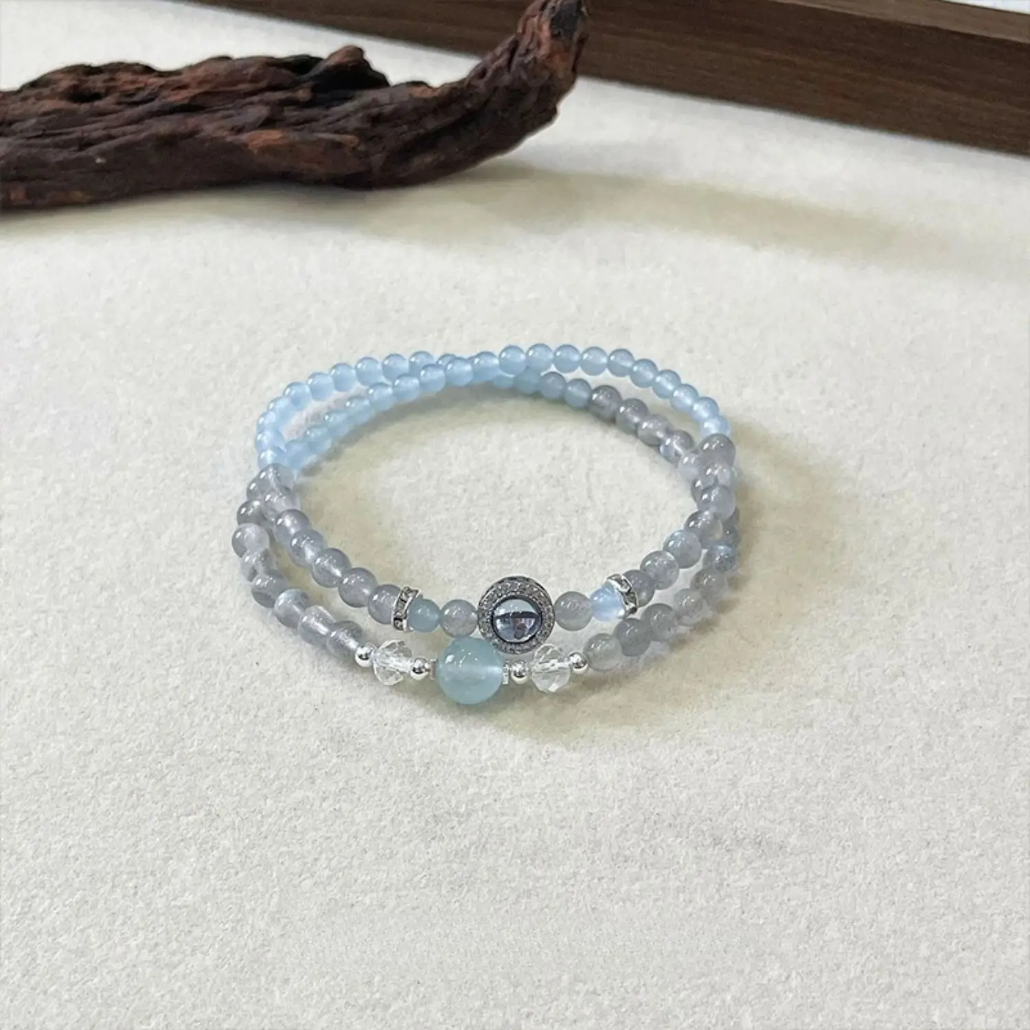 Elegant Double Circle Elastic Natural Crystal Bracelet, Mixed Round Transparent & Blue Beads, Paved Focal Bead, Dainty Look Daily Wear Hand Decor for Jewelry Lovers