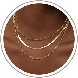 Women's Layered Necklace Set - 3 Piece Dainty Gold Jewelry for Everyday Stacking| 14K Gold Plated Snake Chain, Rope Chain, Cuban Chain| Adjustable Length 14-18.5 Inch| Gift Ready