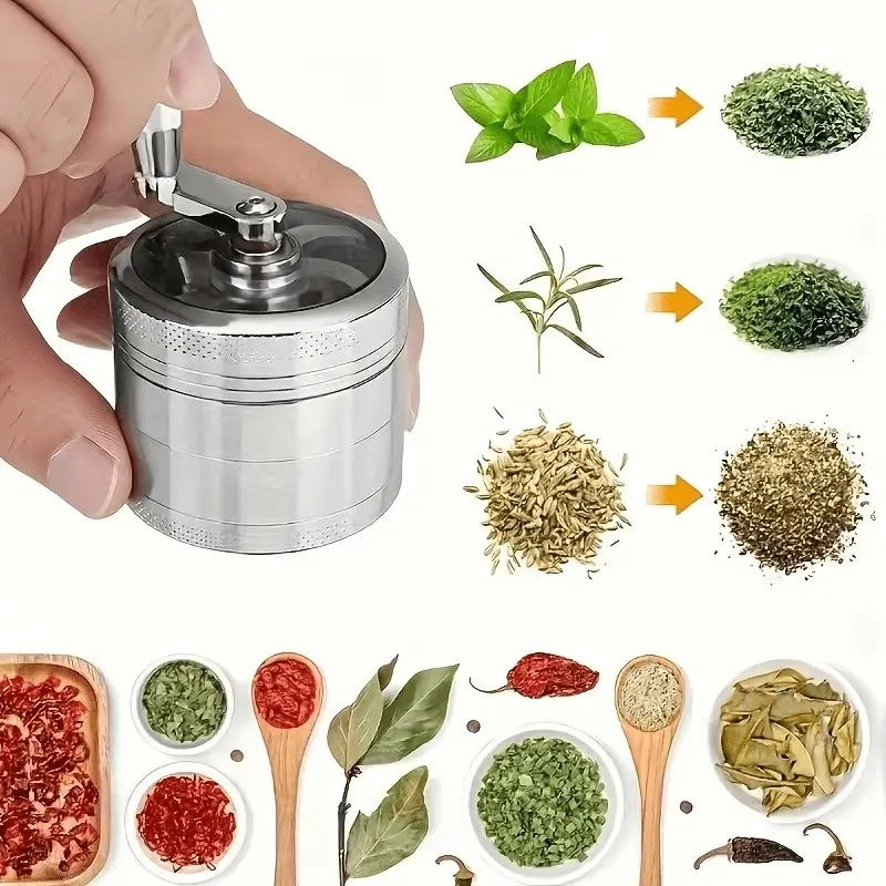Portable Manual Four-Layer Metal Grinder with Handle, Pocket Size for Herbs/salt, Rust-Resistant, Battery-Free, Ideal for Camping and Kitchen