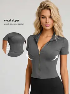 Women's Sporty Short Sleeve Top, High Elasticity Breathable Quick-Dry Fabric, Slim Fit Waist Design, Four-Way Stretch, Sweat-Wicking