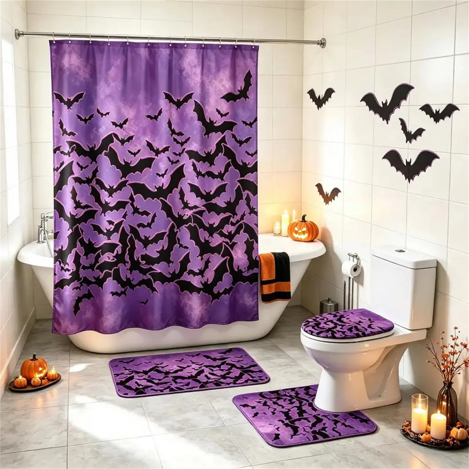 4 Piece Halloween Bat Bathroom Set, Waterproof Polyester Shower Curtain with 12 Hooks, Non Slip Absorbent Bath Mat, U Contour Rug and Toilet Lid Cover, Purple Watercolor Background Black Bat Silhouette Print, Gothic Halloween Home Decor for Bathroom 