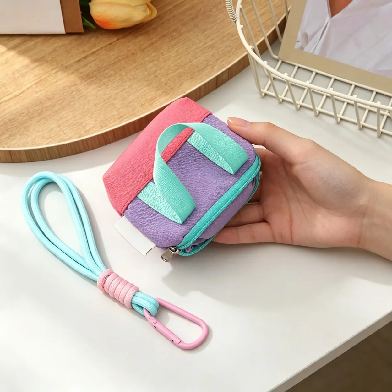 Cute Color Block Mini Tote Keychain Pouch, Canvas Tiny Zipper Coin Purse With Carabiner Wrist Strap, Compact Small Storage Bag For Earbuds, Coins & Daily Tiny Essentials, Sohochic
