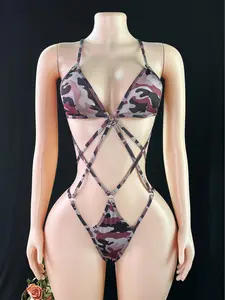 Women's Sexy Jumpsuit, Camouflage Milk Silk Material, Slim-Fitting All-Over Print, Perfect for Parties, Sleepwear, Gift for Him