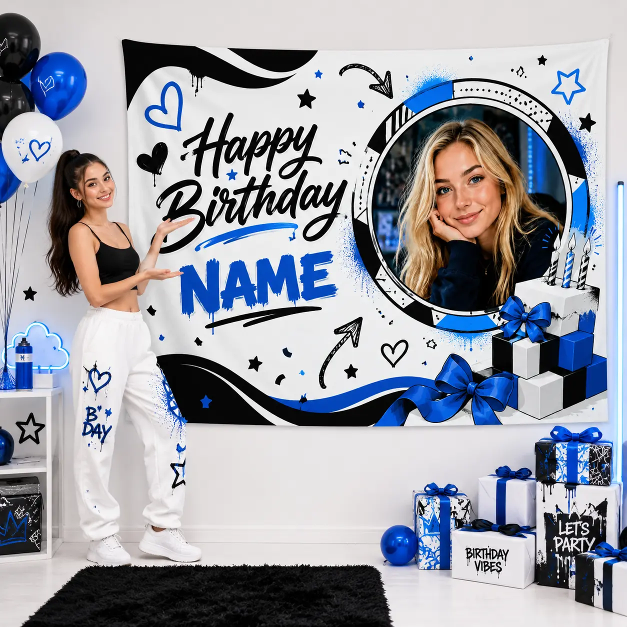 Personalized Blue Black Birthday Backdrop with Photo & Name, Modern Graffiti Party Decor