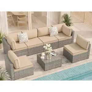 Patio Furniture Set 7 Pieces Outdoor Rattan Chair Wicker Sofa Garden Conversation Bistro Sets for Yard, Pool or Backyard, Silver Gray