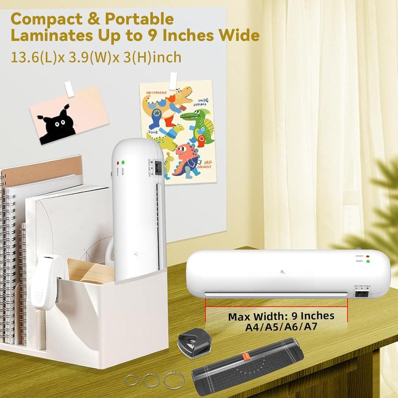 Laminator Machine 9-Inch Portable Thermal Laminater with Hot & Cold Modes, A4 Small Laminating Machine with ABS Jam-Release, 3-Min Warm-Up, 6-in-1 Photo Laminator Kit for Home Office and Class, White
