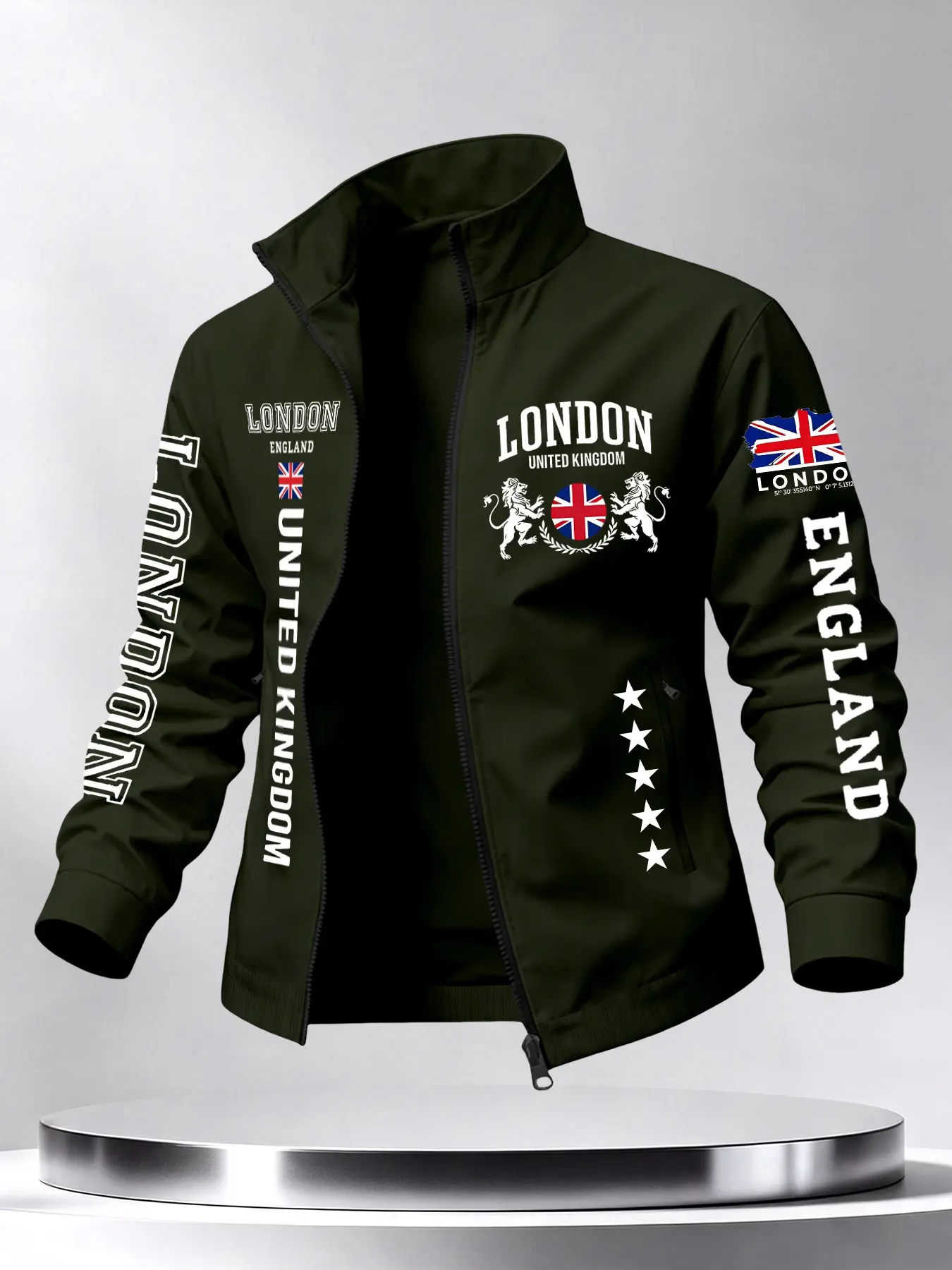 New Men's Lightweight Ribbed Zipper Lapel Jacket, London British Flag Print Sporty Outerwear, Spring Fall Outdoor Casual Top