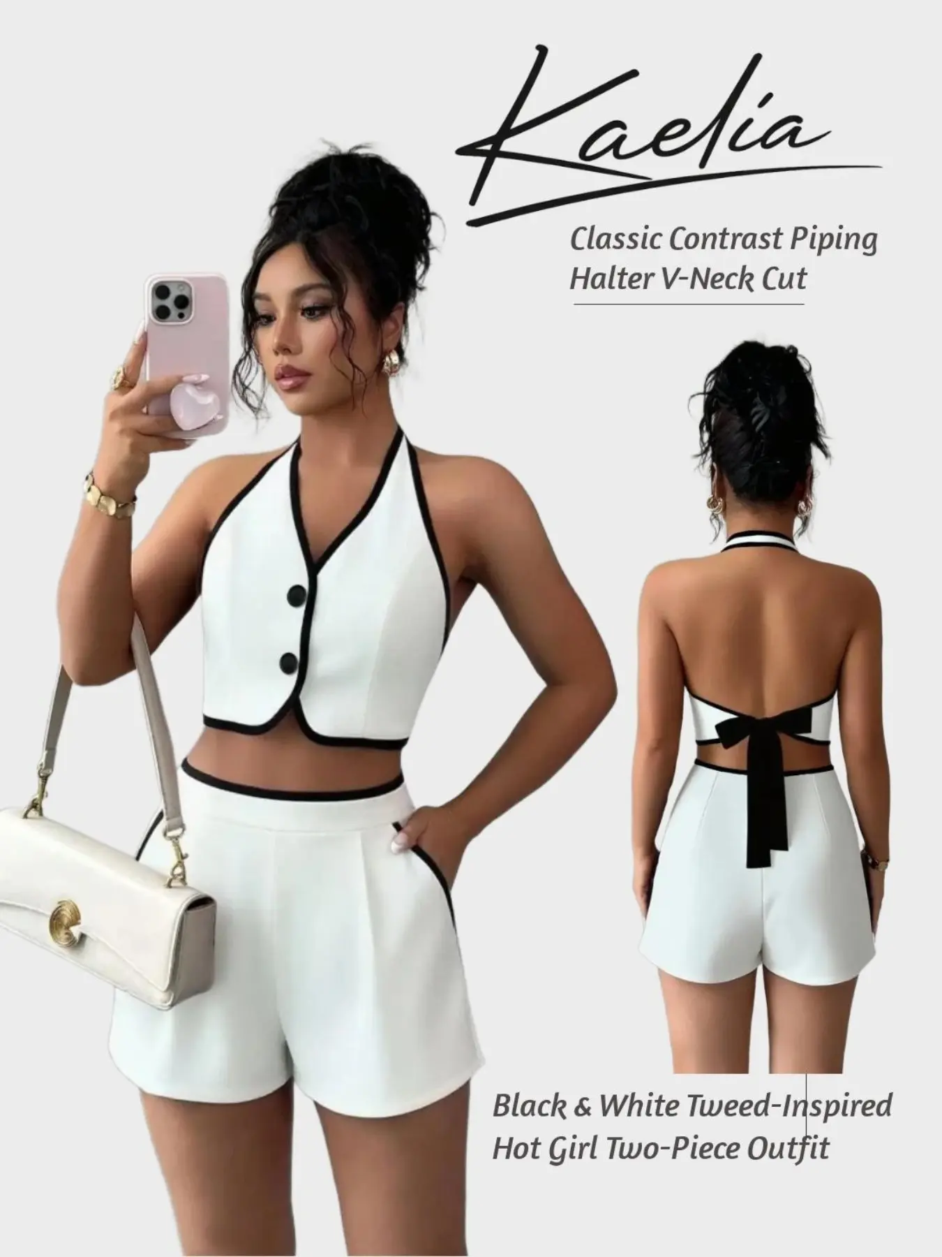 New Fashion Women's Colorblock Charming Chic 2-Piece Set V-Neck Halter Sleeveless Crop Top + High-Waist Pocket Shorts Elegant Back Tie Top