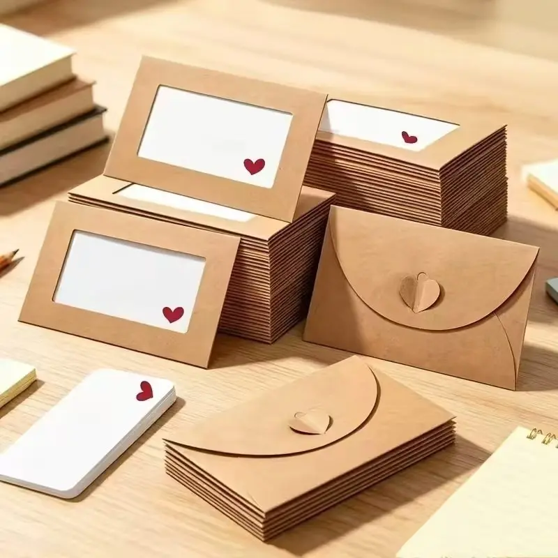 40 Sets Mini Kraft Paper Envelopes with Heart‑Shaped Clasp, Clear Window Invitation Envelopes with Blank White Cardstock, for Greeting Notes, Party Favors, School Gifts