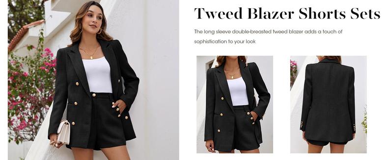 PASLTER Womens 2 Piece Tweed Blazer Shorts Sets Long Sleeve Double Breasted Suit Jackets Business Outfit Fabric Formal M1H684