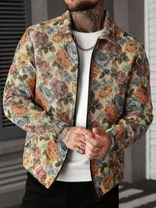 Men's Turn-Down Collar Zip Jacket American High Street Vibe All-over Oil Painting Floral Pattern Heavyweight Tapestry Jacquard Woven Texture Metal Zipper Trendy Youth Streetwear Clubbing