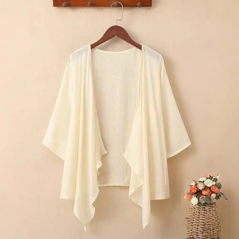 Women Summer Thin Slub Cotton Linen Open Front Cardigan, Solid Color 3/4 Sleeve Sun Protection Shrug, Versatile Lightweight Layering Cover Up Jacket
