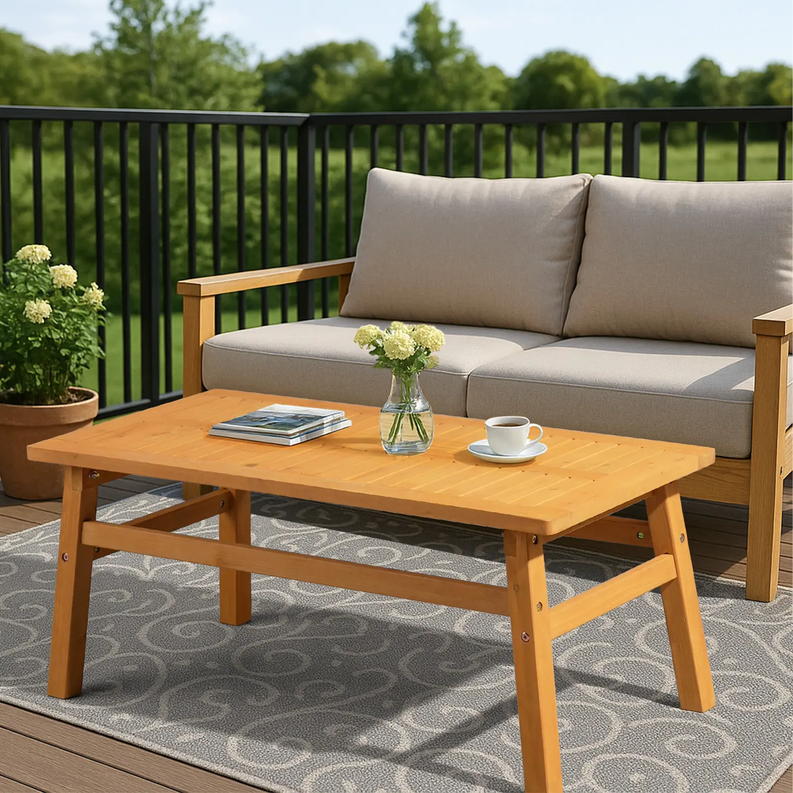 Outdoor Wood Coffee Table, 42" Farmhouse Side Table for Patio, Solid Cedar Wood Accent Table with Slatted Tabletop for Garden Poolside Lawn Living Room, Teak Wood Finish