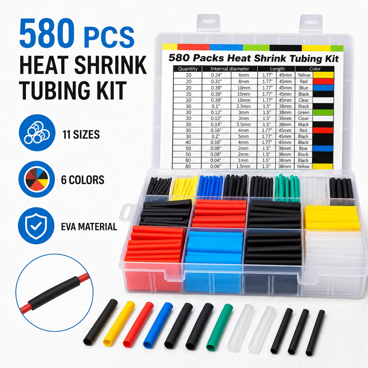 Heat Shrink Tubing Kit, 580 Pcs EVA Material Wire Wrap Sleeve Assortment in 11 Sizes & 6 Colors with Storage Case for Electrical Insulation & Repairs, 580Pcs Eva Material, No