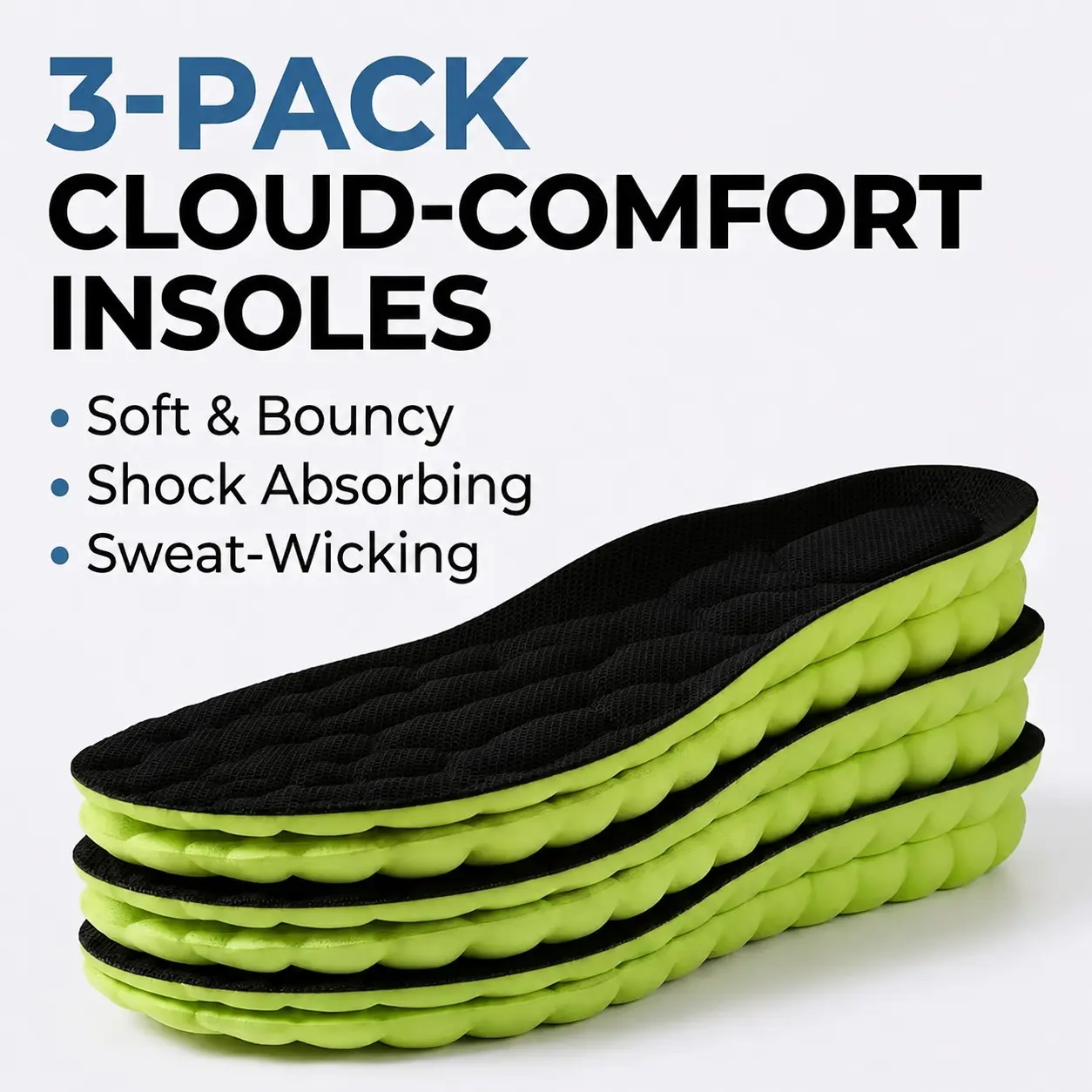 3 Pairs 4D Sport Insoles, Soft High-Elastic Shoe Pads with Arch Support, Breathable Deodorant Shock-Absorbing Cushion for Running, Daily Wear