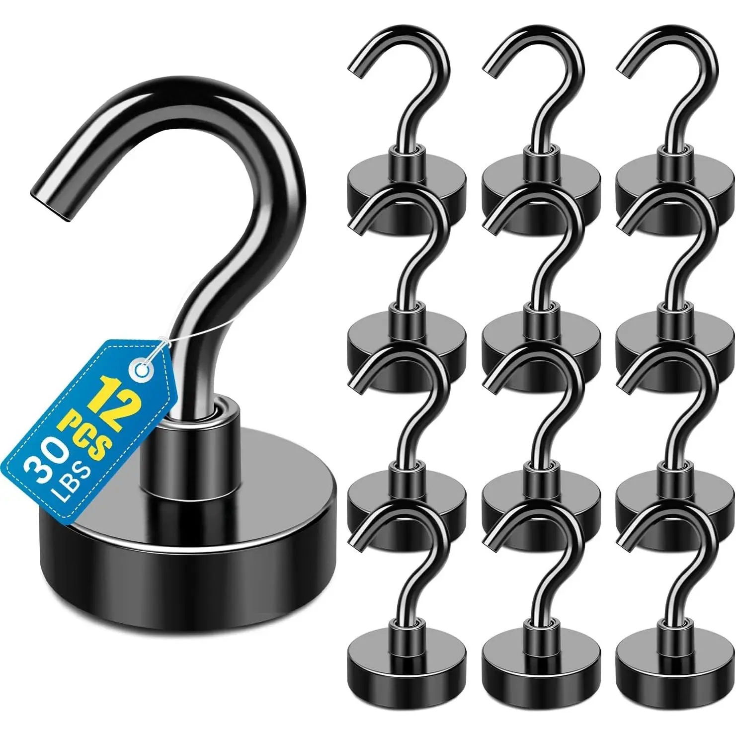 Heavy-Duty Magnetic Hooks, 12-Pack Super Strong 30lbs+ Magnet Hooks for Refrigerator, Classroom, Beach Use (Black), Super Strong Magnet