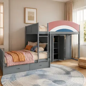 ARCH Full Size Offset Bunk Storage Bed - 136.8"l x 57.6"w x 63"h, Upholstered Guardrail, Built-in Wardrobe with Hanging Rod, 2 Large Drawers, Gray MDF/Plywood, Assembly Required, Space-Saving Combo Furniture for Kids’ Rooms, Small Apartments