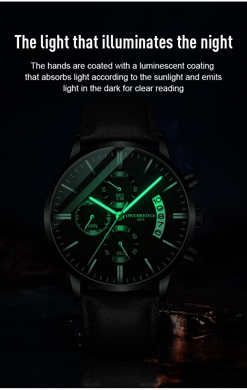 Men's Luxury Black Chronograph Quartz Watch - Leather Strap Wristwatch with Date, Multi-Function Subdials, Luminous Hands, Business Casual Dress Watch, Perfect Gift for Him