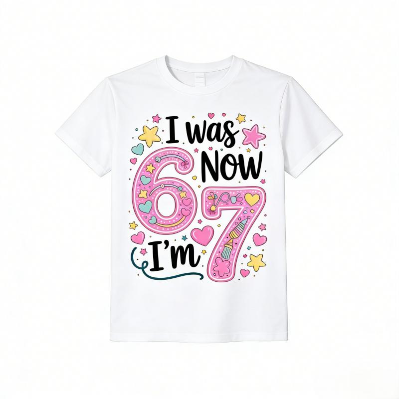 7th Birthday T-Shirt - "I Was 6 Now I'm 7" Funny Birthday Party Outfit - Number 67 & Heart Balloons Design, Soft Breathable New Year Gift for Boys and Girls