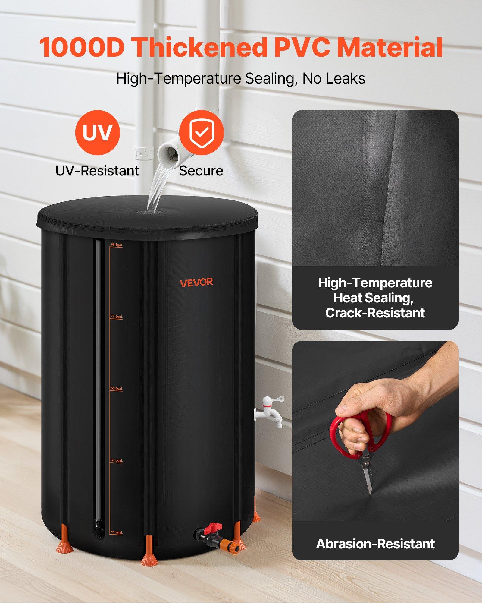 VEVOR Collapsible Rain Barrel, 100 Gallon Portable Rain Water Collection Barrel, 1000D PVC Rainwater Collection System, Garden Water Catcher Tank Storage Container with Spigot & Overflow Kit, Black