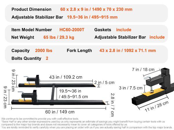43/60" 2000/4000lbs Clamp on Pallet Forks Heavy Duty Tractor Forks with Adjustable Stabilizer Bar Tractor Bucket Forks for Tractor Attachments, Skid Steer, Loader Bucket