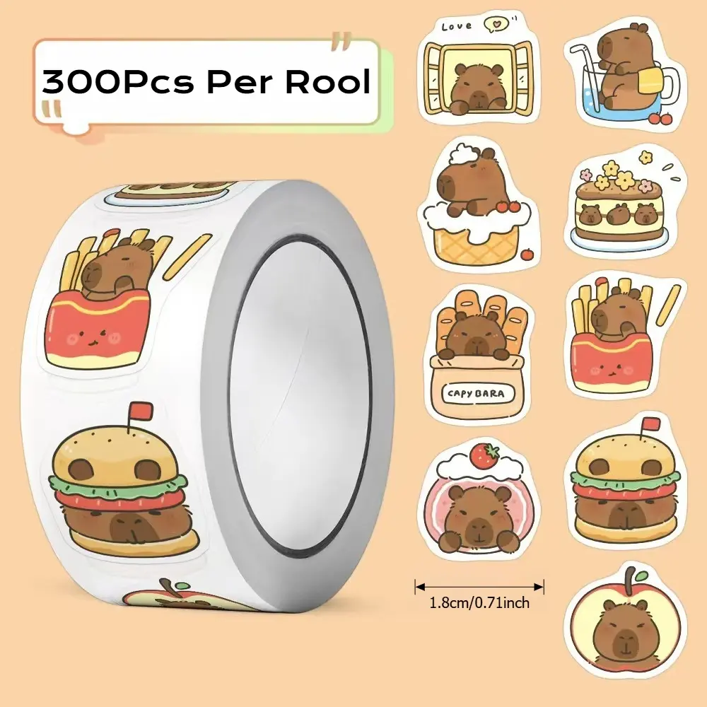 300Pcs/Roll Capybara Stickers Kawaii Cartoon Animal Decals Scrapbook Laptop Phone Luggage Graffiti Decals Decor DIY Sticker