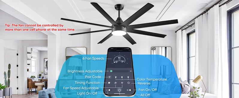 Large Ceiling Fans with Lights and Remote/APP Control, Indoor Outdoor Black Ceiling Fan for Kitchen, Living Room, Patio, 6 Speeds Reversible Quiet DC Motor, 8 Blades