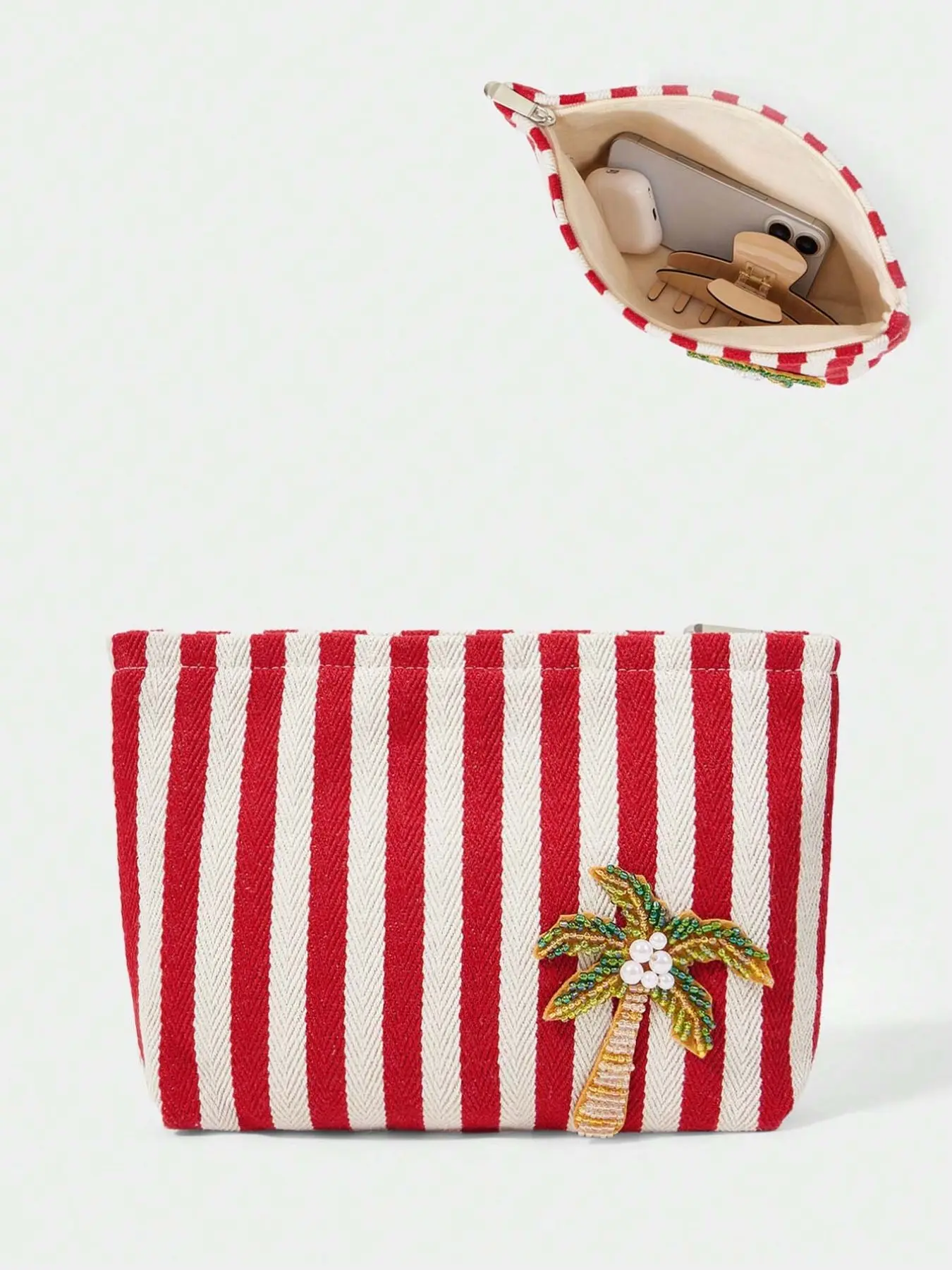 Boho Striped Canvas Makeup Bag, Beaded Palm Tree Pearl Beach Travel Wash Kit, Women's Handheld Storage Pouch, All Seasons