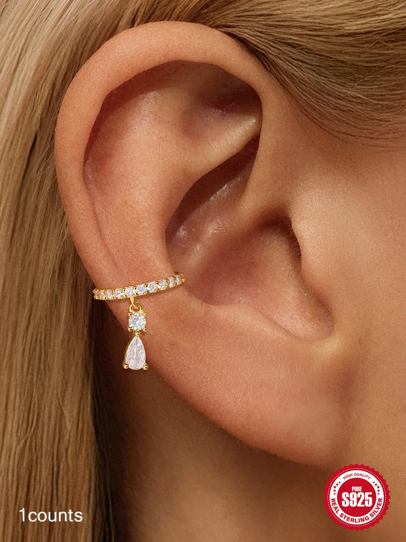 1Pc 18K Gold S925 Silver Ear Cuff, Pain-Free Non-Piercing Classic CZ Pave Eternity Fake Piercing, Chic Y2K Night Out Vacation, Ideal for Daily Wear, Weddings, Parties, Engagements, Anniversaries, Valentine's Day, and Other Special Occasions.