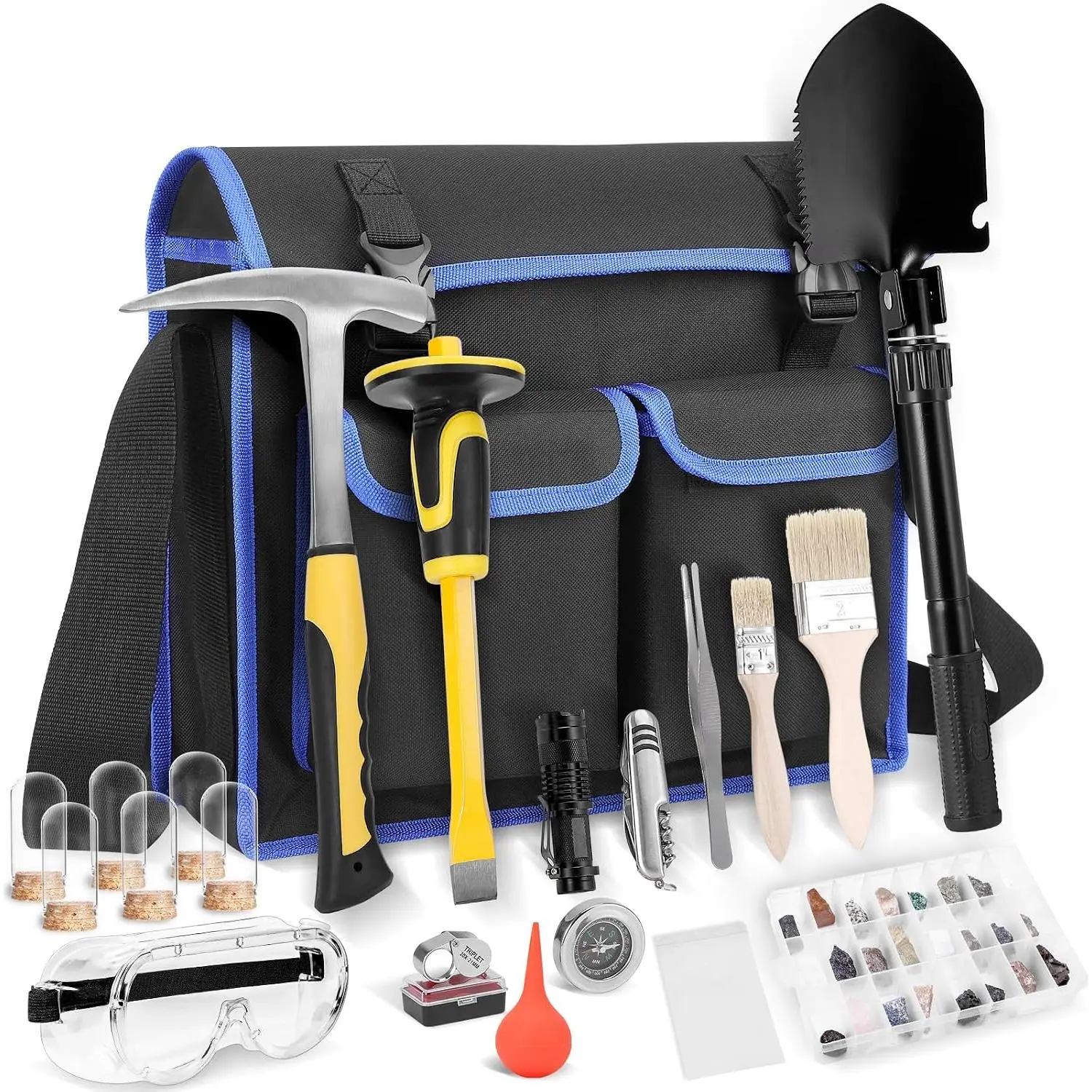 25-Count Geology Tool Kit with 28 oz. Pick Hammer, 12" Mason Chisel, Safety Glasses, Whistle, Jewelers Loupe, Synthetic Mining Tools for Rock Hounding & Prospecting, Stone Breaking
