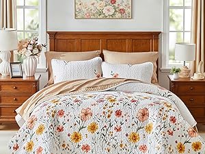 Floral Set 3 Piece Flower Sets Queen Size - Reversible Microfiber with 2 Shams Soft Breathable Botanical Bedding Bedspread Coverlet Summer Comforter All Season Purple Leaves