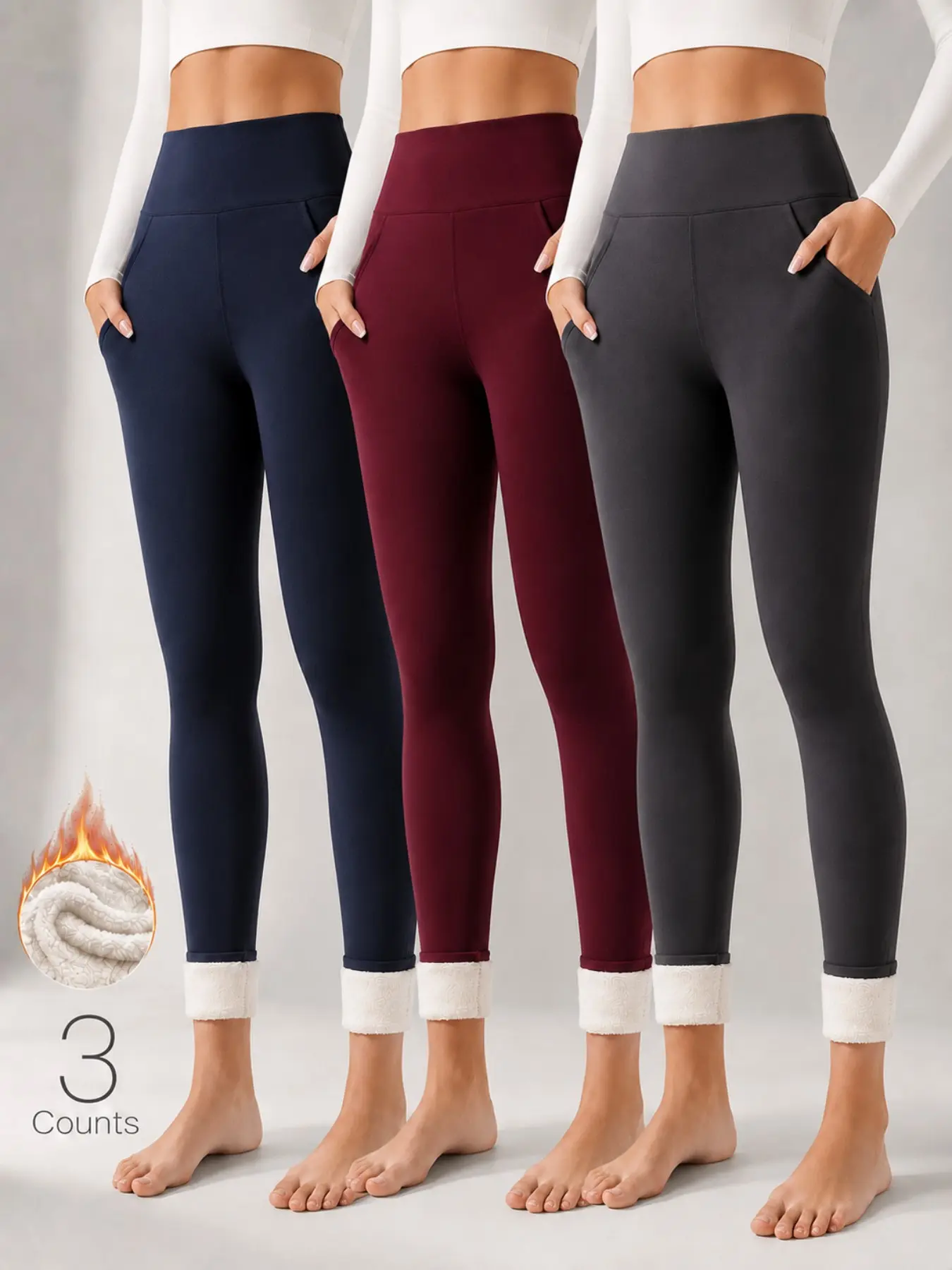 Women's Fall Winter High Waist Fleece Lined Leggings, Skinny Yoga Bottoms, Sporty Tight-Fitting Yoga Pants with Pockets, Yoga Wear, Warm Thick Woven Fabric, High Waisted Leggings, High Waist Activewear