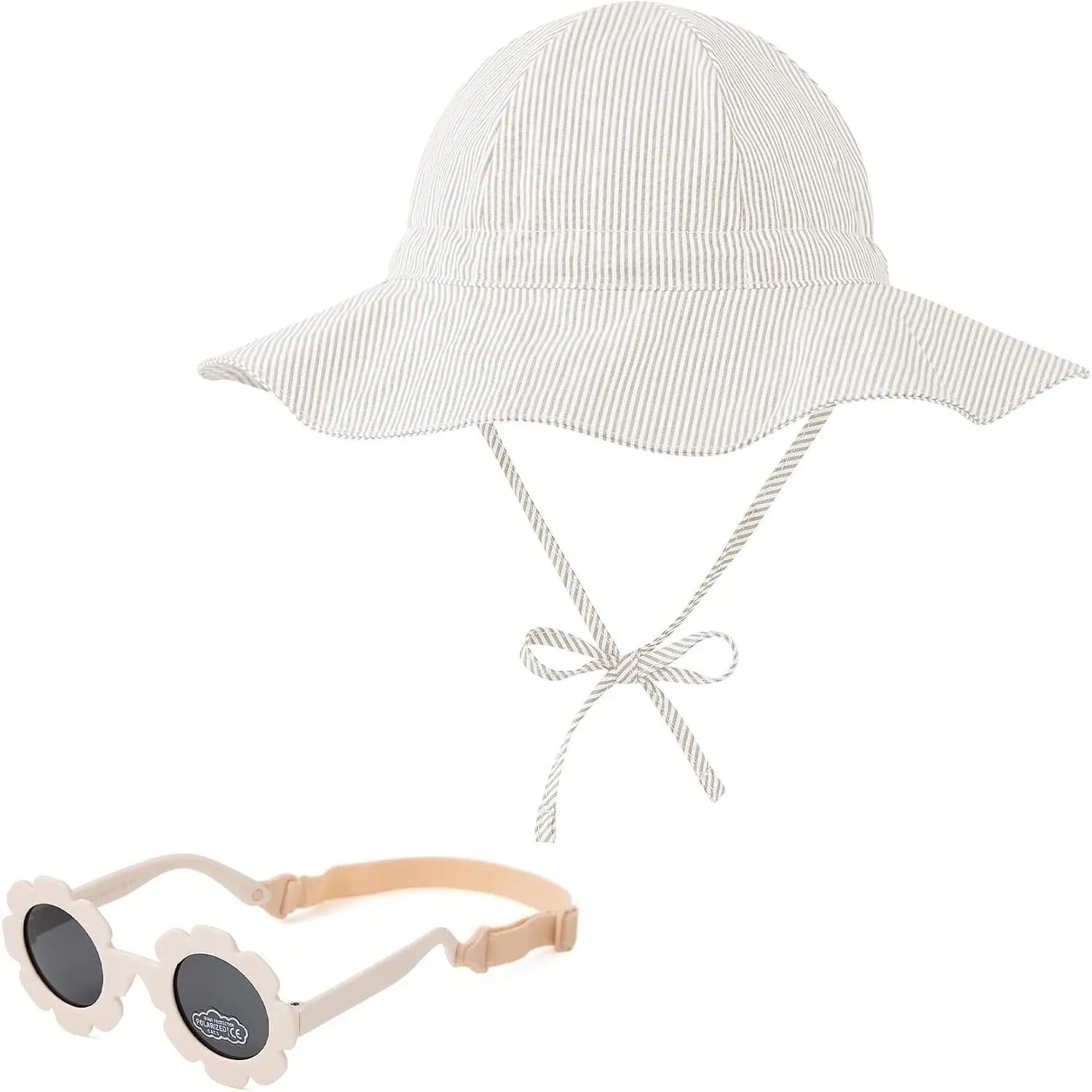 UPF 50+ Wide Brim Baby Sun Hat with Flexible Sunglasses, Adjustable Straps, 100% Cotton Soft Durable Infant Bucket Hat for Beach Pool Summer Outings 0-12 MonthsGift