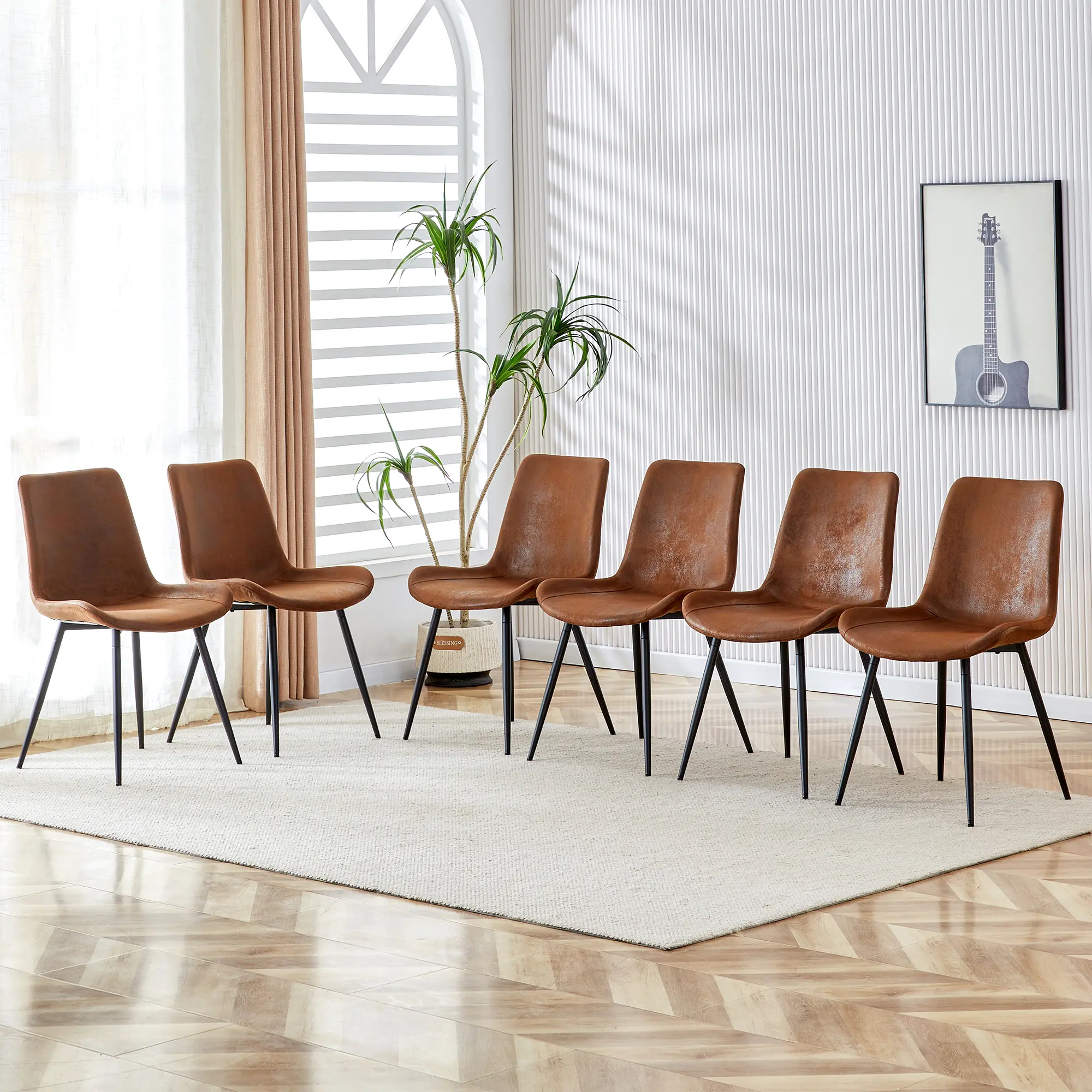 ARCH Brown Suede Dining Chairs Set of 6 with Curved Widened Cushion Backrest Black Metal Legs Non-Slip Pads for Restaurant Kitchen Bedroom Office Living Room, Brown Color Options, Suede Material, Product Dimensions: 18.50 W x 19.60 D x 32.60 H in