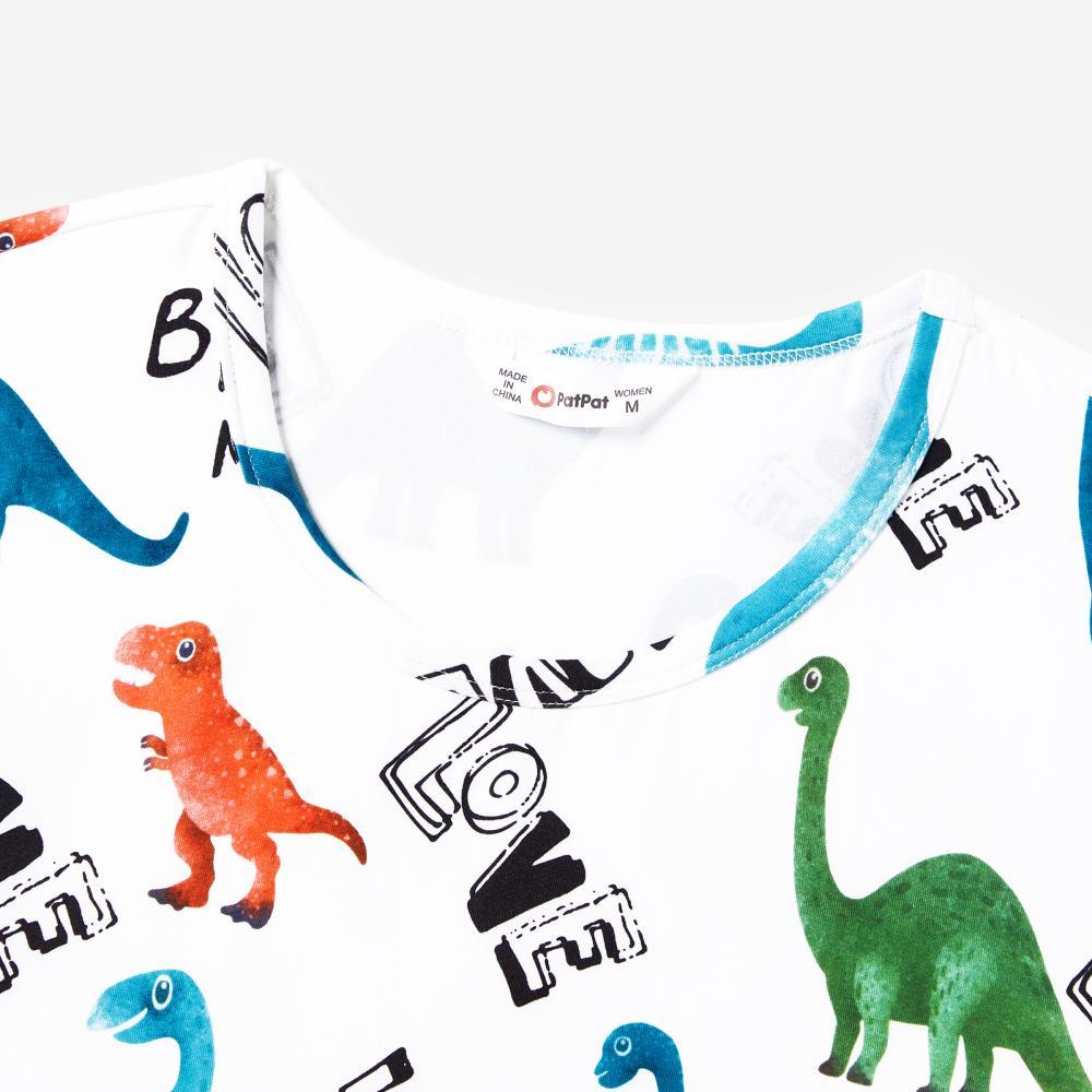 PatPat Family Matching Allover Dinosaur Print Drawstring Ruched Bodycon Dresses and Short-sleeve T-shirts Sets Spingtok